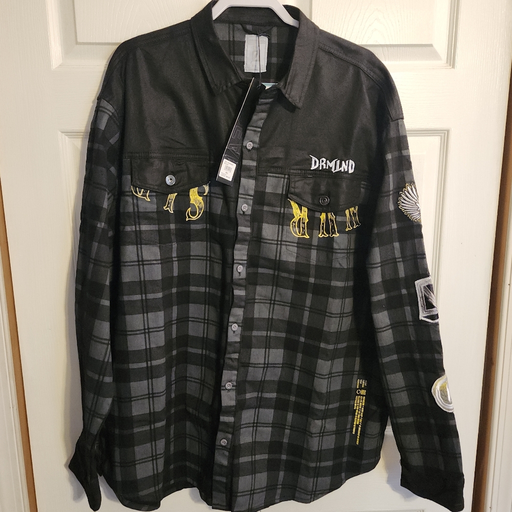 DREAMLAND WAR DUB PLAID/DENIM SHIRT BUTTON  BLACK/GRY PLAID SHACKET MENS 4XL NWT